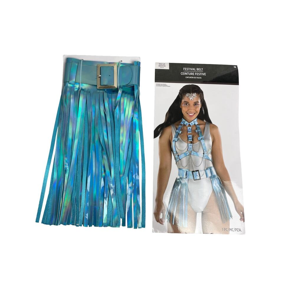 NEW‎ Rave Festival Metallic Blue Fringe Buckle Belt Small/Medium EDC Costume